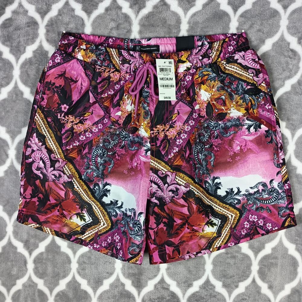 INC Swim Trunks Men Medium Black Pink Baroque Paisley Drawstring Lined